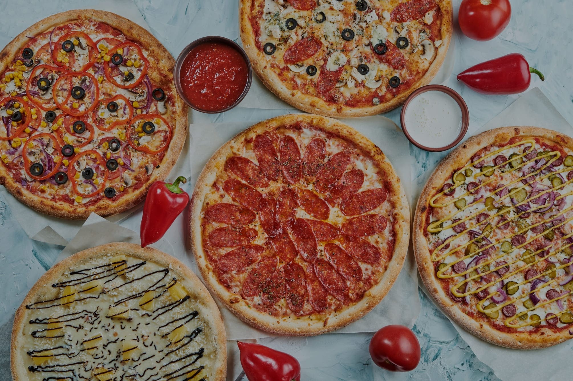 A variety of vegetable, meaty, mixed, hot & spicy pizzas
